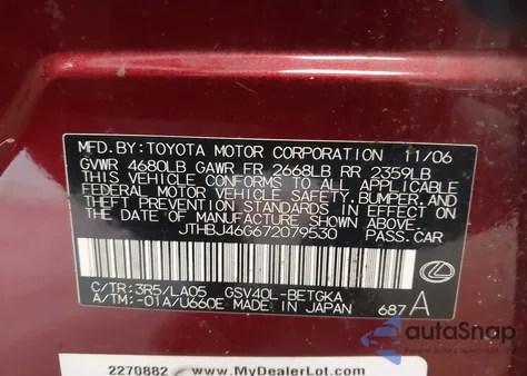 2007 Lexus Es 350 z USA, uszkodzony, nr VIN JTHBJ46G672079530